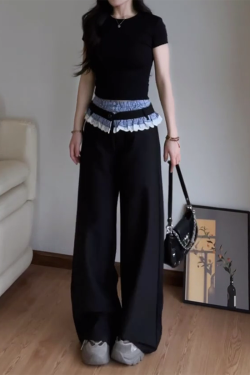 Vintage Plaid Patchwork Lace Suit Pants for Women - Loose Straight-Leg Wide-Leg Trousers for Spring and Autumn Fashion