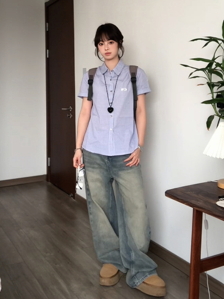 Vintage Plaid Short Sleeve Shirt for Women - Summer Loose Fit Lapel Top, Trendy Couple's Jacket, Stylish Casual Wear Vintage Plaid Short Sleeve Shirt for Women - Summer Loose Fit Lapel Top, Trendy Couple's Jacket, Stylish Casual Wear