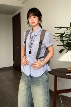 Vintage Plaid Short Sleeve Shirt for Women - Summer Loose Fit Lapel Top, Trendy Couple's Jacket, Stylish Casual Wear