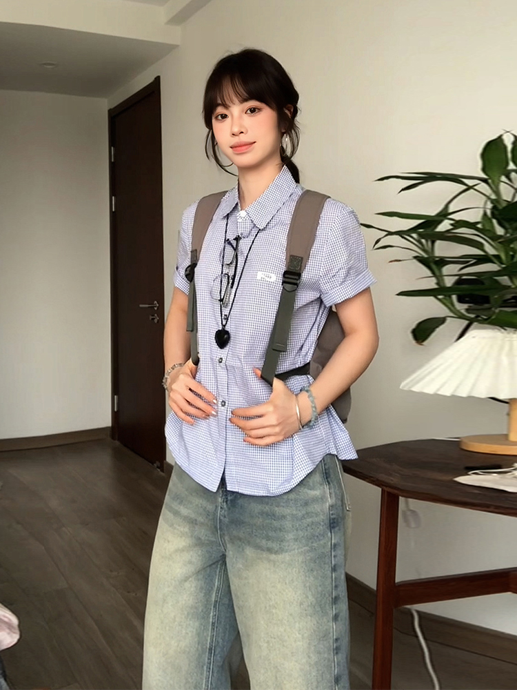 Vintage Plaid Short Sleeve Shirt for Women - Summer Loose Fit Lapel Top, Trendy Couple's Jacket, Stylish Casual Wear Vintage Plaid Short Sleeve Shirt for Women - Summer Loose Fit Lapel Top, Trendy Couple's Jacket, Stylish Casual Wear