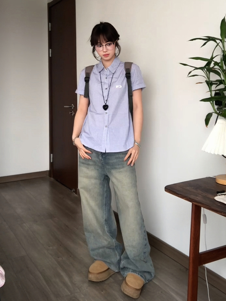 Vintage Plaid Short Sleeve Shirt for Women - Summer Loose Fit Lapel Top, Trendy Couple's Jacket, Stylish Casual Wear Vintage Plaid Short Sleeve Shirt for Women - Summer Loose Fit Lapel Top, Trendy Couple's Jacket, Stylish Casual Wear