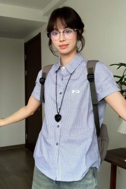 Vintage Plaid Short Sleeve Shirt for Women - Summer Loose Fit Lapel Top, Trendy Couple's Jacket, Stylish Casual Wear