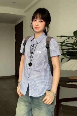 Vintage Plaid Short Sleeve Shirt for Women - Summer Loose Fit Lapel Top, Trendy Couple's Jacket, Stylish Casual Wear