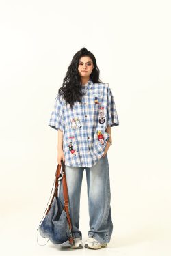 Vintage Plaid Short Sleeve Shirt for Women, Embroidered Design, Summer Casual Top, Versatile 90s Inspired Fashion