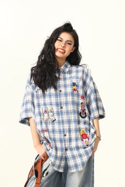 Vintage Plaid Short Sleeve Shirt for Women, Embroidered Design, Summer Casual Top, Versatile 90s Inspired Fashion