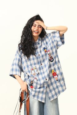 Vintage Plaid Short Sleeve Shirt for Women, Embroidered Design, Summer Casual Top, Versatile 90s Inspired Fashion