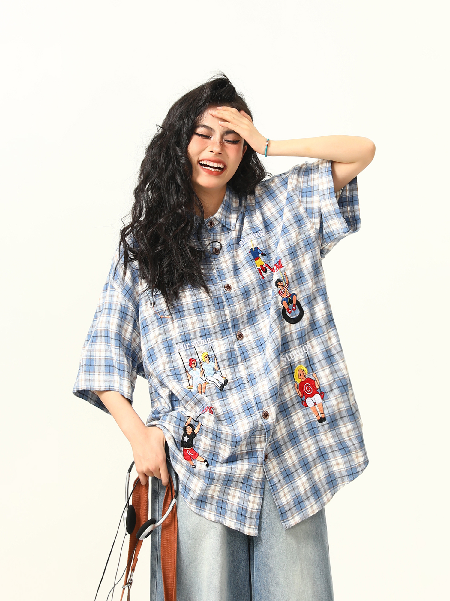 Vintage Plaid Short Sleeve Shirt for Women, Embroidered Design, Summer Casual Top, Versatile 90s Inspired Fashion Vintage Plaid Short Sleeve Shirt for Women, Embroidered Design, Summer Casual Top, Versatile 90s Inspired Fashion