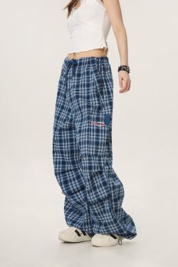 Vintage Plaid Workwear Casual Pants for Women - Loose Straight Wide-Leg BF Style, Perfect for 90s and Y2K Inspired Looks