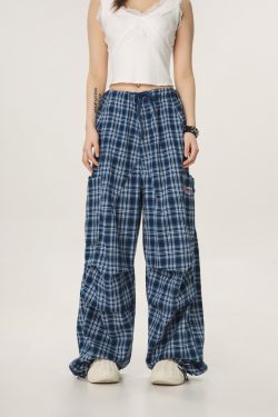 Vintage Plaid Workwear Casual Pants for Women - Loose Straight Wide-Leg BF Style, Perfect for 90s and Y2K Inspired Looks