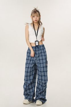 Vintage Plaid Workwear Casual Pants for Women - Loose Straight Wide-Leg BF Style, Perfect for 90s and Y2K Inspired Looks