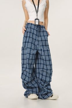 Vintage Plaid Workwear Casual Pants for Women - Loose Straight Wide-Leg BF Style, Perfect for 90s and Y2K Inspired Looks