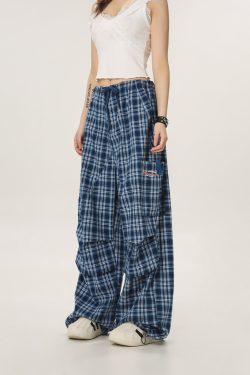 Vintage Plaid Workwear Casual Pants for Women - Loose Straight Wide-Leg BF Style, Perfect for 90s and Y2K Inspired Looks