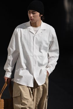 Vintage Pleated Cuban Collar Long Sleeve Shirt Jacket for Men and Women - Japanese Retro Loose Fit Spring Autumn Style