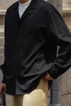 Vintage Pleated Cuban Collar Long Sleeve Shirt Jacket for Men and Women - Japanese Retro Loose Fit Spring Autumn Style