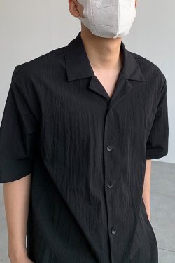 Vintage Pleated Cuban Collar Short Sleeve Shirt for Men, Summer Solid Color Loose Retro Casual Fashion Trend