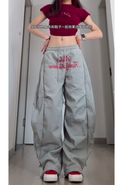 Vintage Pleated Curved Knife Work Pants for Women, Loose Wide-Leg Hip-Hop Street Style Casual Trousers, Y2K Fashion