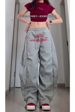 Vintage Pleated Curved Knife Work Pants for Women, Loose Wide-Leg Hip-Hop Street Style Casual Trousers, Y2K Fashion