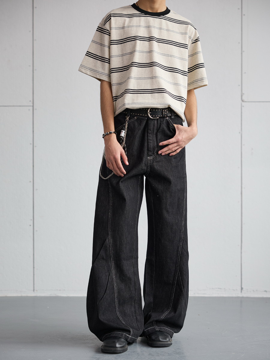 Vintage Pleated Deconstructed Denim Knife Jeans for Men - Baggy Wide-Leg Long Pants, Retro 90s Style, Non-Fading Fashion Statement Vintage Pleated Deconstructed Denim Knife Jeans for Men - Baggy Wide-Leg Long Pants, Retro 90s Style, Non-Fading Fashion Statement