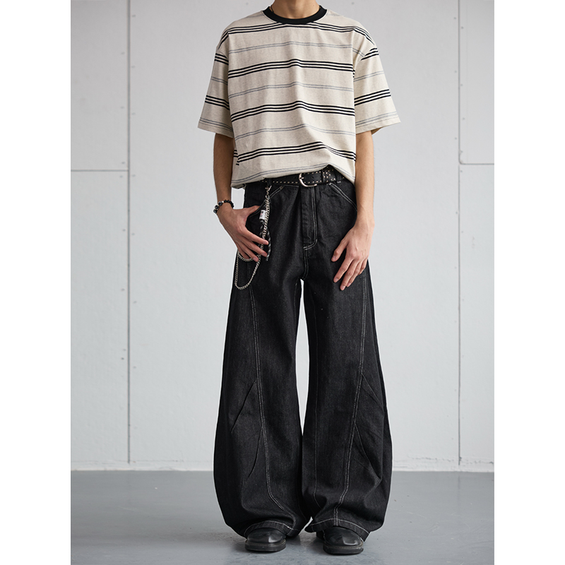 Vintage Pleated Deconstructed Denim Knife Jeans for Men - Baggy Wide-Leg Long Pants, Retro 90s Style, Non-Fading Fashion Statement Vintage Pleated Deconstructed Denim Knife Jeans for Men - Baggy Wide-Leg Long Pants, Retro 90s Style, Non-Fading Fashion Statement