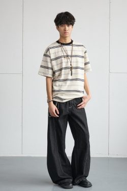 Vintage Pleated Deconstructed Denim Knife Jeans for Men - Baggy Wide-Leg Long Pants, Retro 90s Style, Non-Fading Fashion Statement