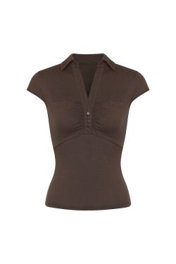 Vintage Pleated Waist Short-Sleeve Knit Top - Retro 90s Inspired Fashion Shirt