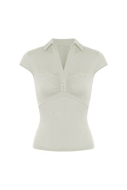 Vintage Pleated Waist Short-Sleeve Knit Top - Retro 90s Inspired Fashion Shirt