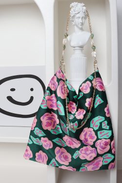 Vintage Polka Dot Rose Shoulder Bag for Women, High-Quality Faux Silk Tote, Chinese Style Niche Design