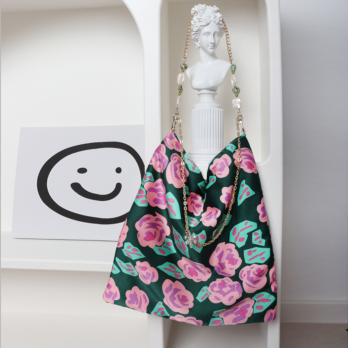 Vintage Polka Dot Rose Shoulder Bag for Women, High-Quality Faux Silk Tote, Chinese Style Niche Design Vintage Polka Dot Rose Shoulder Bag for Women, High-Quality Faux Silk Tote, Chinese Style Niche Design