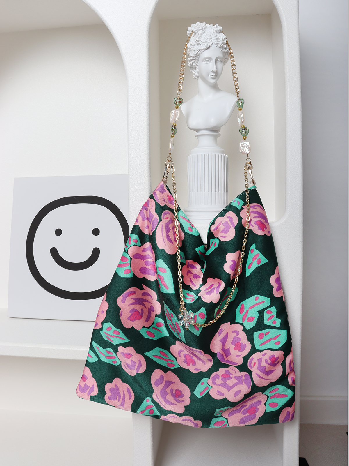 Vintage Polka Dot Rose Shoulder Bag for Women, High-Quality Faux Silk Tote, Chinese Style Niche Design Vintage Polka Dot Rose Shoulder Bag for Women, High-Quality Faux Silk Tote, Chinese Style Niche Design