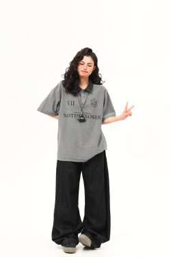 Vintage Polo Collar Short Sleeve T-Shirt for Women, Designer Fabric, High-Quality Top, Trendy American Style, Casual Chic