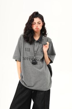 Vintage Polo Collar Short Sleeve T-Shirt for Women, Designer Fabric, High-Quality Top, Trendy American Style, Casual Chic