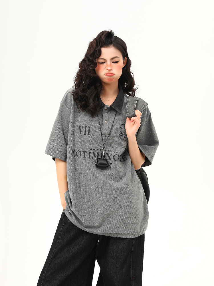 Vintage Polo Collar Short Sleeve T-Shirt for Women, Designer Fabric, High-Quality Top, Trendy American Style, Casual Chic Vintage Polo Collar Short Sleeve T-Shirt for Women, Designer Fabric, High-Quality Top, Trendy American Style, Casual Chic