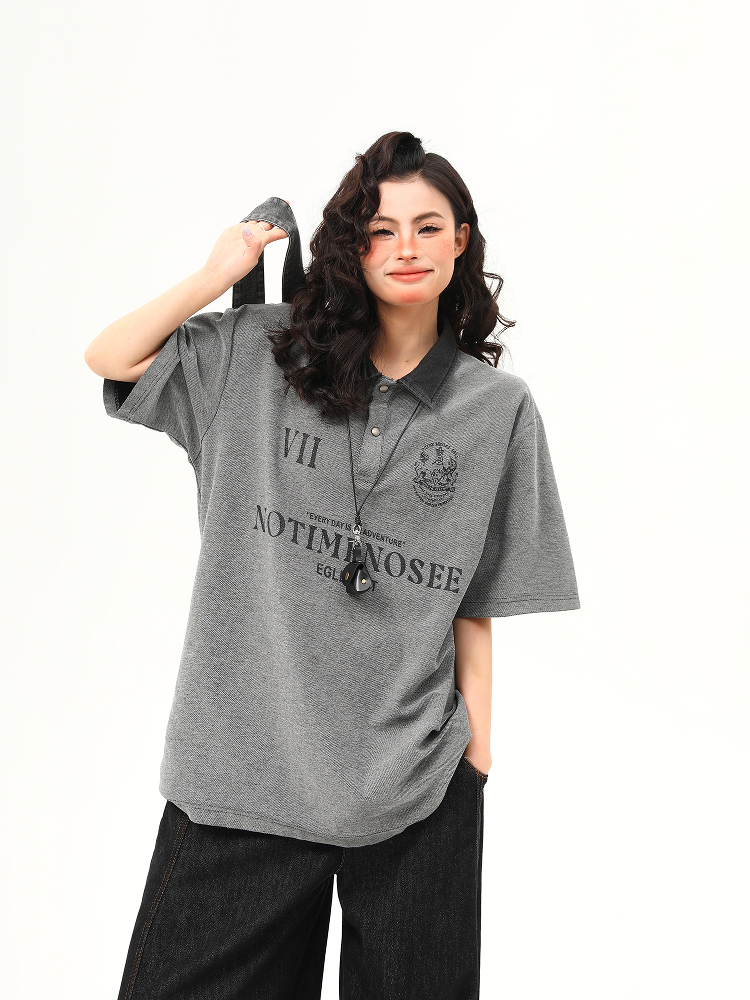 Vintage Polo Collar Short Sleeve T-Shirt for Women, Designer Fabric, High-Quality Top, Trendy American Style, Casual Chic Vintage Polo Collar Short Sleeve T-Shirt for Women, Designer Fabric, High-Quality Top, Trendy American Style, Casual Chic