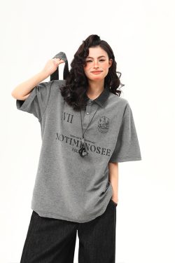 Vintage Polo Collar Short Sleeve T-Shirt for Women, Designer Fabric, High-Quality Top, Trendy American Style, Casual Chic