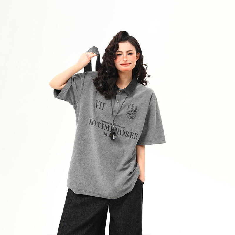 Vintage Polo Collar Short Sleeve T-Shirt for Women, Designer Fabric, High-Quality Top, Trendy American Style, Casual Chic Vintage Polo Collar Short Sleeve T-Shirt for Women, Designer Fabric, High-Quality Top, Trendy American Style, Casual Chic