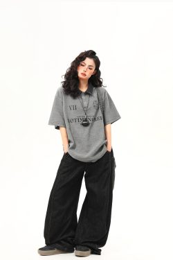 Vintage Polo Collar Short Sleeve T-Shirt for Women, Designer Fabric, High-Quality Top, Trendy American Style, Casual Chic