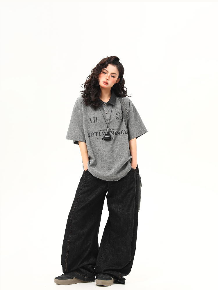 Vintage Polo Collar Short Sleeve T-Shirt for Women, Designer Fabric, High-Quality Top, Trendy American Style, Casual Chic Vintage Polo Collar Short Sleeve T-Shirt for Women, Designer Fabric, High-Quality Top, Trendy American Style, Casual Chic