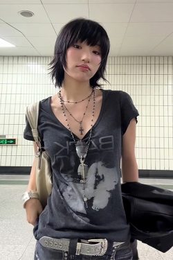 Vintage Portrait Print Shoulder T-Shirt for Women - Short Sleeve Slim Fit Summer Top in American Style