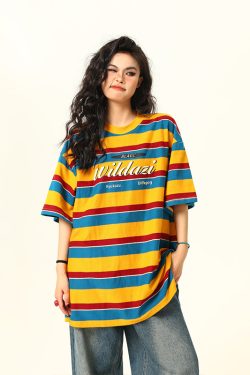 Vintage Rainbow Striped Short Sleeve T-Shirt for Women - Color Block Loose Fit Summer Top, 90s Inspired Fashion