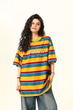 Vintage Rainbow Striped Short Sleeve T-Shirt for Women - Color Block Loose Fit Summer Top, 90s Inspired Fashion