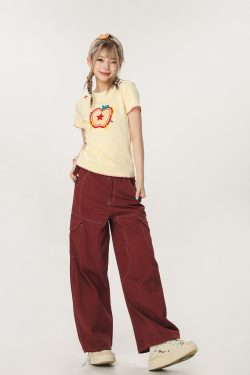 Vintage Red Casual Work Pants for Men and Women - Unisex Loose Straight Leg Design with Slightly Flared Style