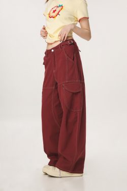 Vintage Red Casual Work Pants for Men and Women - Unisex Loose Straight Leg Design with Slightly Flared Style