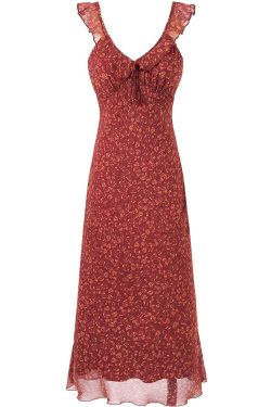 Vintage Red Floral Elegant V-Neck Long Dress for Women - French Style Holiday Dress 2025 Summer Fashion