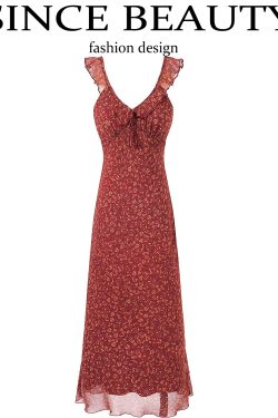 Vintage Red Floral Elegant V-Neck Long Dress for Women - French Style Holiday Dress 2025 Summer Fashion
