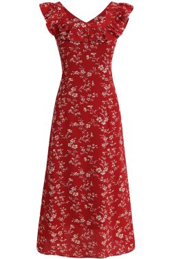 Vintage Red Floral V-Neck Ruffle Hem Summer Sling Dress for Women - 2025 Trendy Fashion Inspired by 90s and Y2K Styles