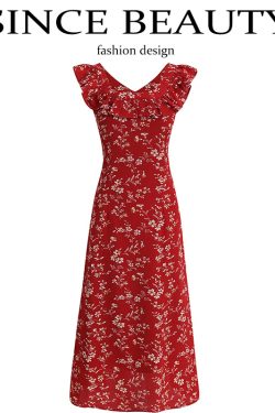 Vintage Red Floral V-Neck Ruffle Hem Summer Sling Dress for Women - 2025 Trendy Fashion Inspired by 90s and Y2K Styles