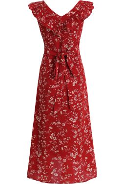 Vintage Red Floral V-Neck Ruffle Hem Summer Sling Dress for Women - 2025 Trendy Fashion Inspired by 90s and Y2K Styles