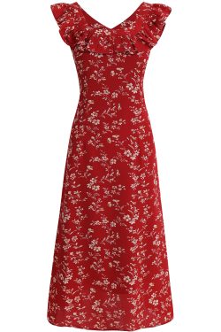 Vintage Red Floral V-Neck Ruffle Hem Summer Sling Dress for Women - 2025 Trendy Fashion Inspired by 90s and Y2K Styles
