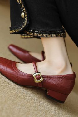 Vintage Red Mary Jane Shoes for Women - Chunky Heels, Genuine Leather, Square Toe, Open Toe Strap - 90s Y2K Style