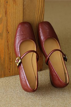 Vintage Red Mary Jane Shoes for Women - Chunky Heels, Genuine Leather, Square Toe, Open Toe Strap - 90s Y2K Style